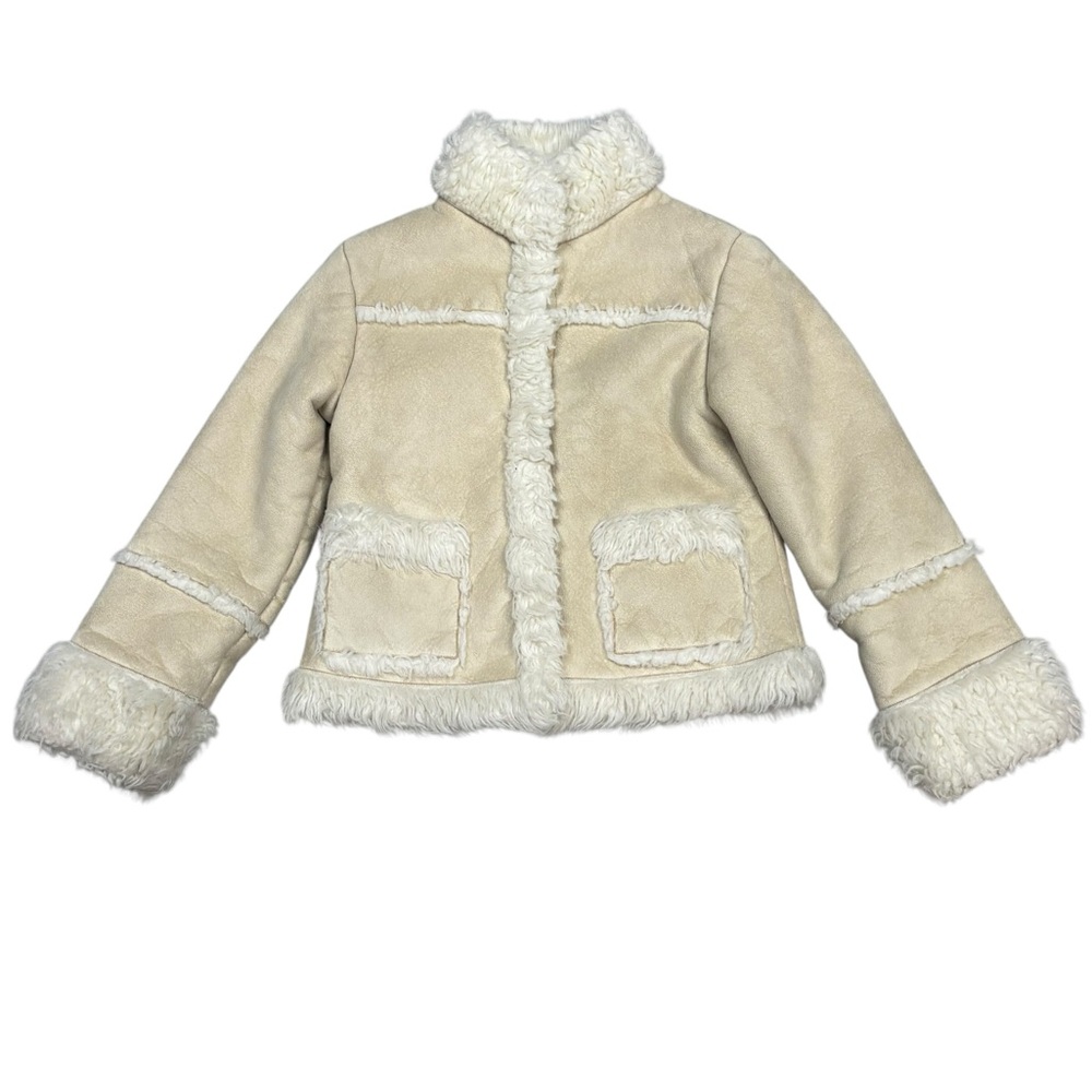 Children’s Place Cream Coloured Faux Suede Faux Fur 2 Pocket Snap Close Coat M